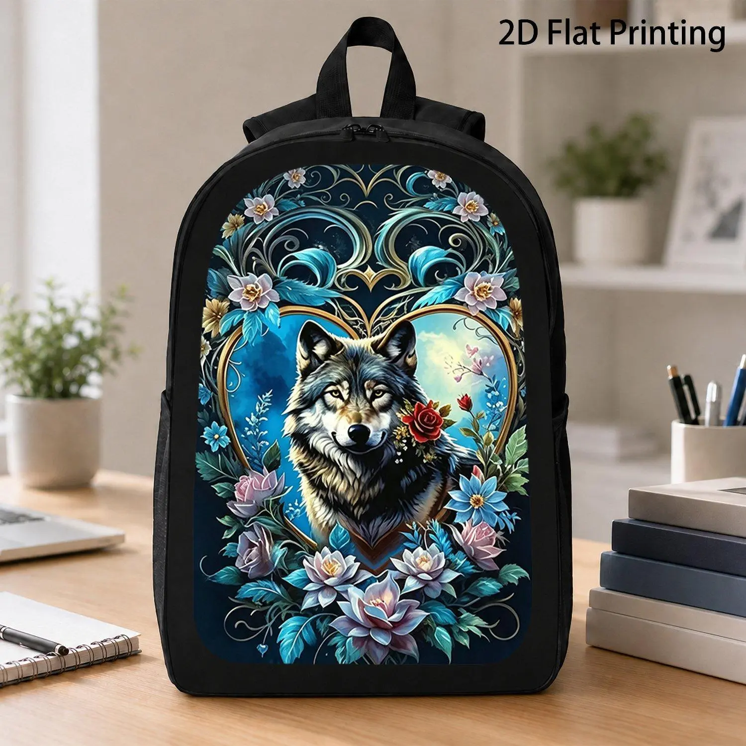 1pc Wolf Rose Floral Large Capacity Backpack - Lightweight, Modifiable Shoulder Straps for Men & Women | Ideal for College, Hiking, Camping