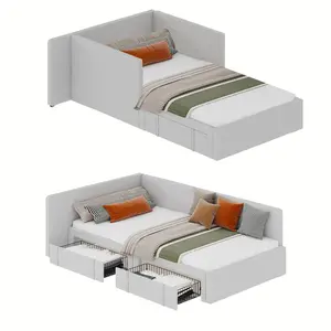 Garvee Twin Daybed with 2 Storage Drawers, Corner Bed Frame with Extended Headboard and Bed Rails, Velvet Upholstered Sofa Bed with Guardrail for Bedroom, Guest Room,Adjustable Installation,Light Grey