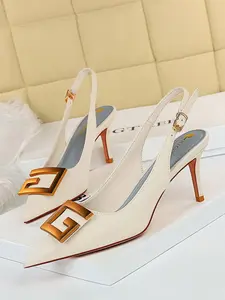 Modern Geometric Buckle Pointed Toe Stiletto Heels, Spring Summer Elegant High Heels, Patent Leather, Casual Office Commute Shoes