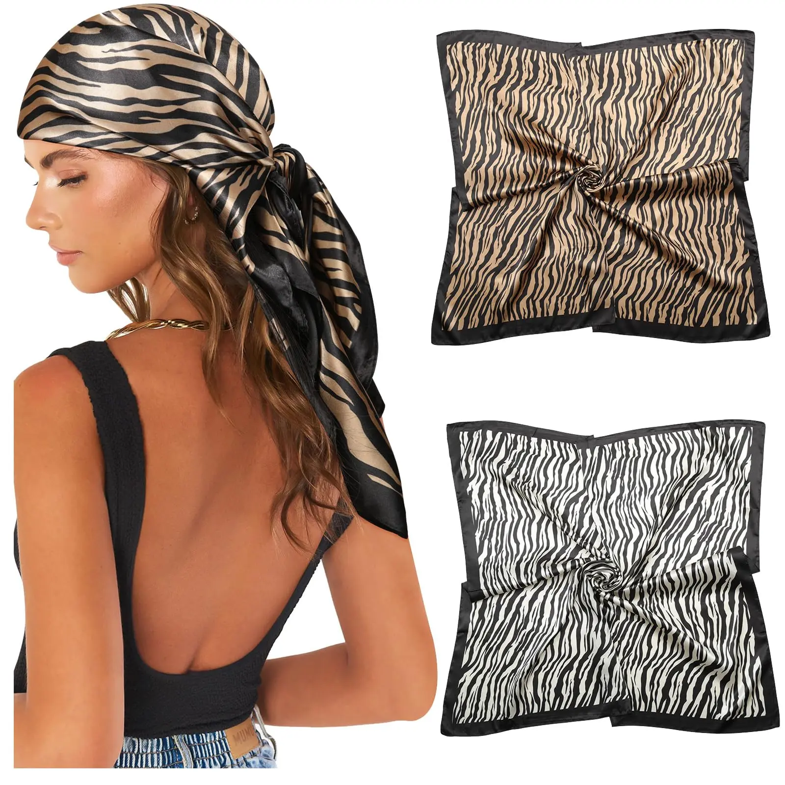 AWAYTR Women's Fashion Scarf 2-Pack, Large 35" Graphic Polyester Satin Bandana Head Wrap & Shawl for Hair or Neck, Decorative Scarf, Polyester Scarf