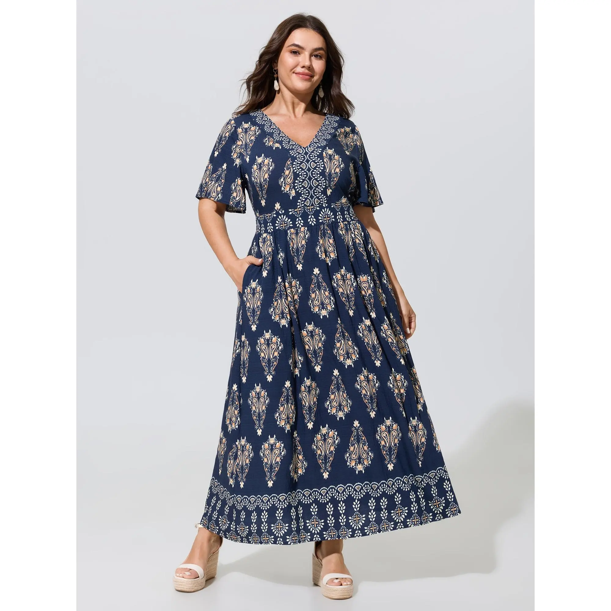 BLOOMCHIC Plus Size Paisley Print Pockets Shirred Waist Maxi Dress[M-6X] Back To School,Spotlight Day