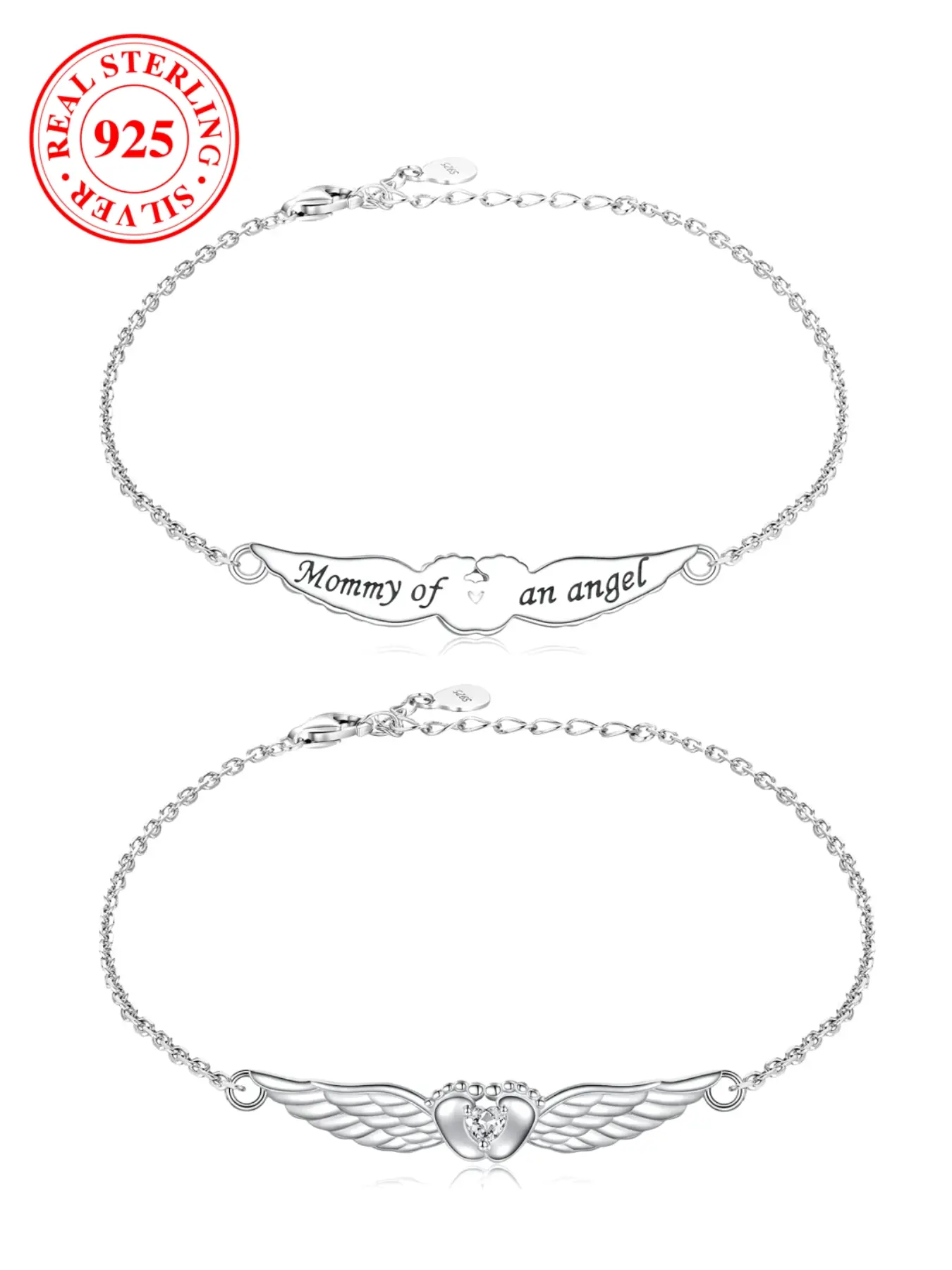 S925 Sterling Silver Bracelet Angel Wings Heart Footprint Bracelet for Women “Mommy of an angel” Engraving Cuff Bracelet, Memorial Bracelet, Synthetic Zirconia Mother's Day Gift for Women, Birthday Anniversary Present for Her（with box）