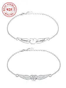 S925 Sterling Silver Bracelet Angel Wings Heart Footprint Bracelet for Women “Mommy of an angel” Engraving Cuff Bracelet, Memorial Bracelet, Synthetic Zirconia Mother's Day Gift for Women, Birthday Anniversary Present for Her（with box）
