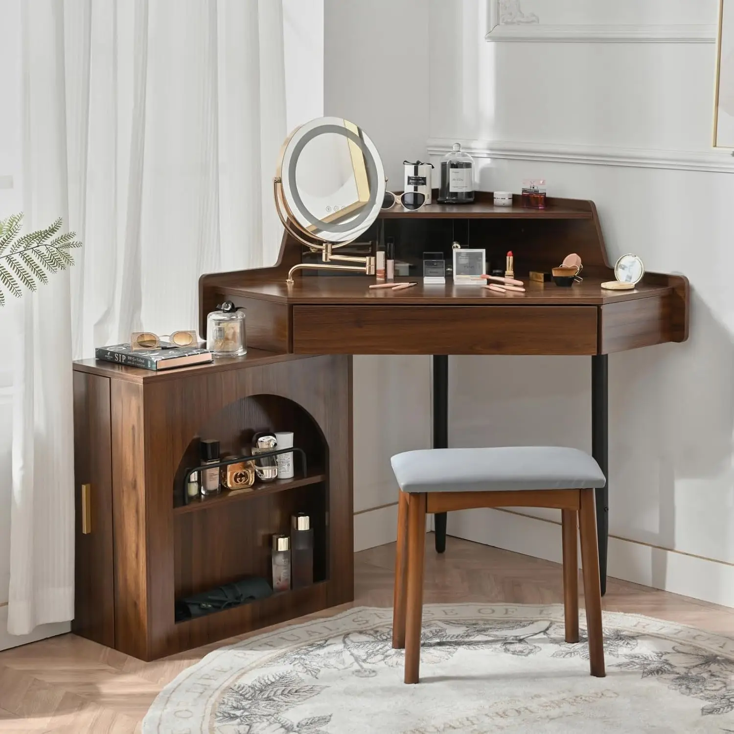 Contemporary Sturdy Walnut Corner Makeup Vanity Set - Brightness-Adjustable Folding LED Mirror, Vanity Chair, Large Storage Desk for Small Spaces, Bathroom Use, 101.60 lbs