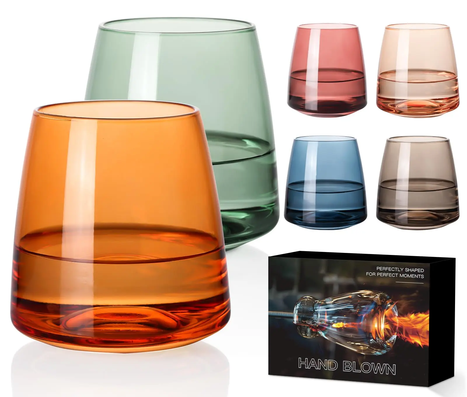Hand Blown Colored Wine Glasses Set of 6-14oz - Unique Stemless Crystal Wine Glasses for Wine Lovers - Perfect Wedding Gift - Drinkware