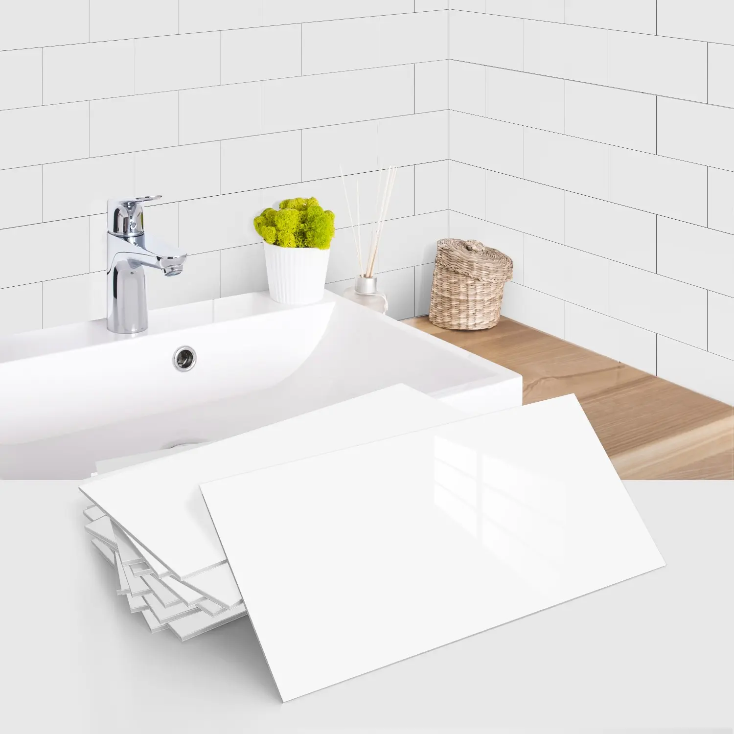16PCS/32PCS/64PCS SJM 3D Self-Adhesive Pure White PE Foam Tile Stickers, Accent Wall Peel And Stick, Waterproof & Moisture-Proof Wall Decals for Kitchen Backsplash Bathroom Laundry Room RV Fireplace DIY Home Decor Decorative Panels