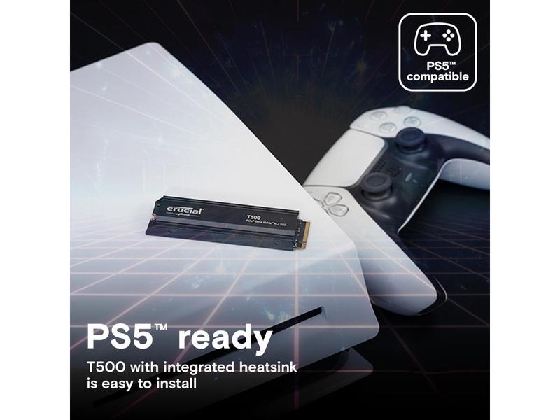 Crucial T500 1TB Gen4 NVMe M.2 Internal Gaming SSD with Heatsink, Up to 7300MB/s, PlayStation 5 Compatible + 1mo Adobe CC All Apps- CT1000T500SSD5
