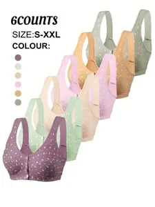 Women's Solid Color Leaf Print Push Up Front-Closure Bra, Casual Comfortable Breathable Wireless Bra for Daily Wear, Soft Lingerie for All Seasons