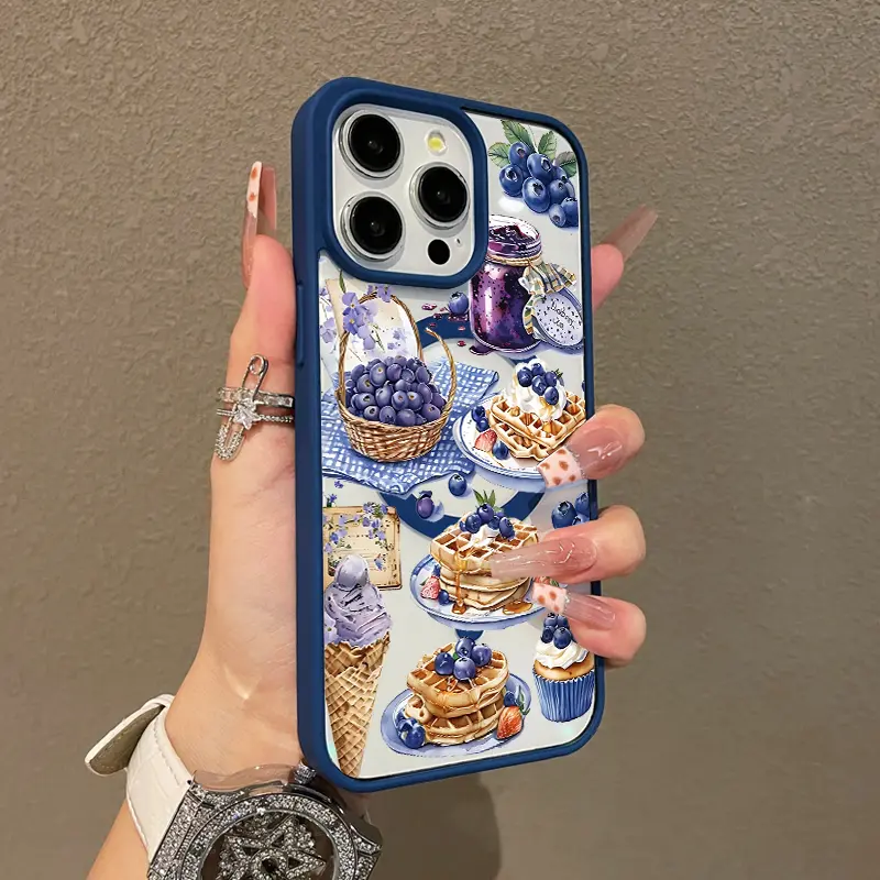 Magnetic Phone Case for iPhone 11/12/13/14/15/16/17 Pro Max, Blueberry Dessert Collection, MagSafe Ready, Ultra-Thin Shockproof Casing with Aesthetic Design, Protective Cover for Girls, Mobile Phone Accessories, Smartphone, Cellphone
