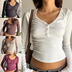Women��s Henley Shirts, Casual Long Sleeve V Neck Button FrontFit Plain Tops Blouses, Ladies Clothes for Daily Wear
