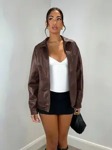 Women Solid Color Zipper Casual Versatile Long Sleeve Jacket Brown Faux Leather Mottled Texture Belted Hem Biker Jacket Vintage Distressed Leather Winter Women Clothes Women Jackets Thanksgiving Christmas Women Clothes