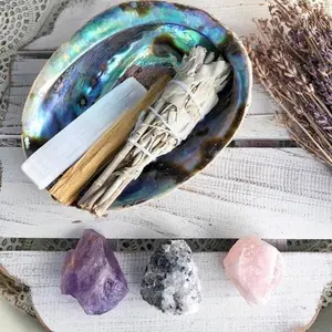 Smudge Bundle for Home Cleansing - Includes Crystals, Herbal Wand, Tea Lights & Abalone Shell for Spiritual cleansing and wellness