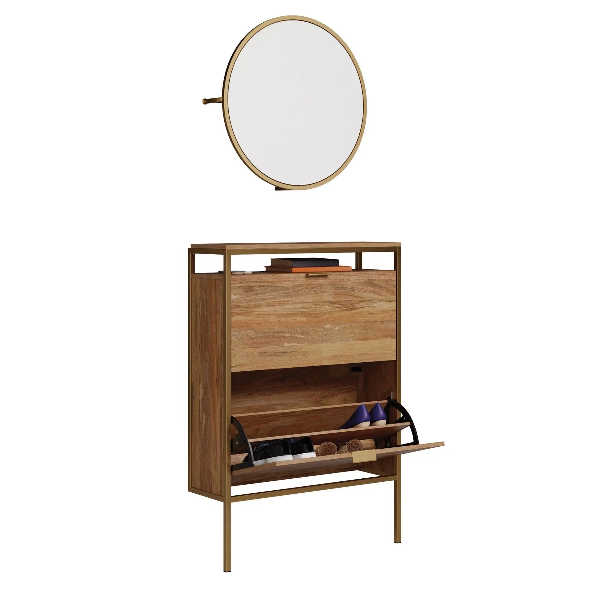 Sauder International Lux Wall-mounted Shoe Cabinet with Mirror - Wood & Metal Decorative Organiser with Flip Drawers & Tilt-out Doors for Entryway Storage