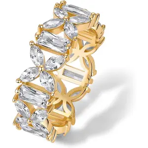 Gold Plated Marquise Eternity Rings for Women - Cubic Zirconia Chunky Stackable Wedding Ring - Statement Baguette CZ Gold Wedding Bands for Women - Promise Band Bridal Jewelry