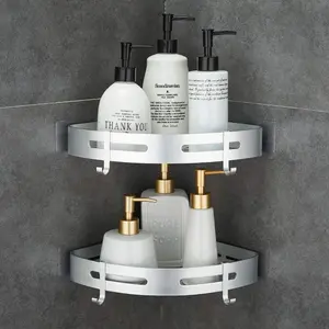 Corner Shower Shelf Wall Mounted No Drilling 2 Tier Shelves Baskets Silver Basket
