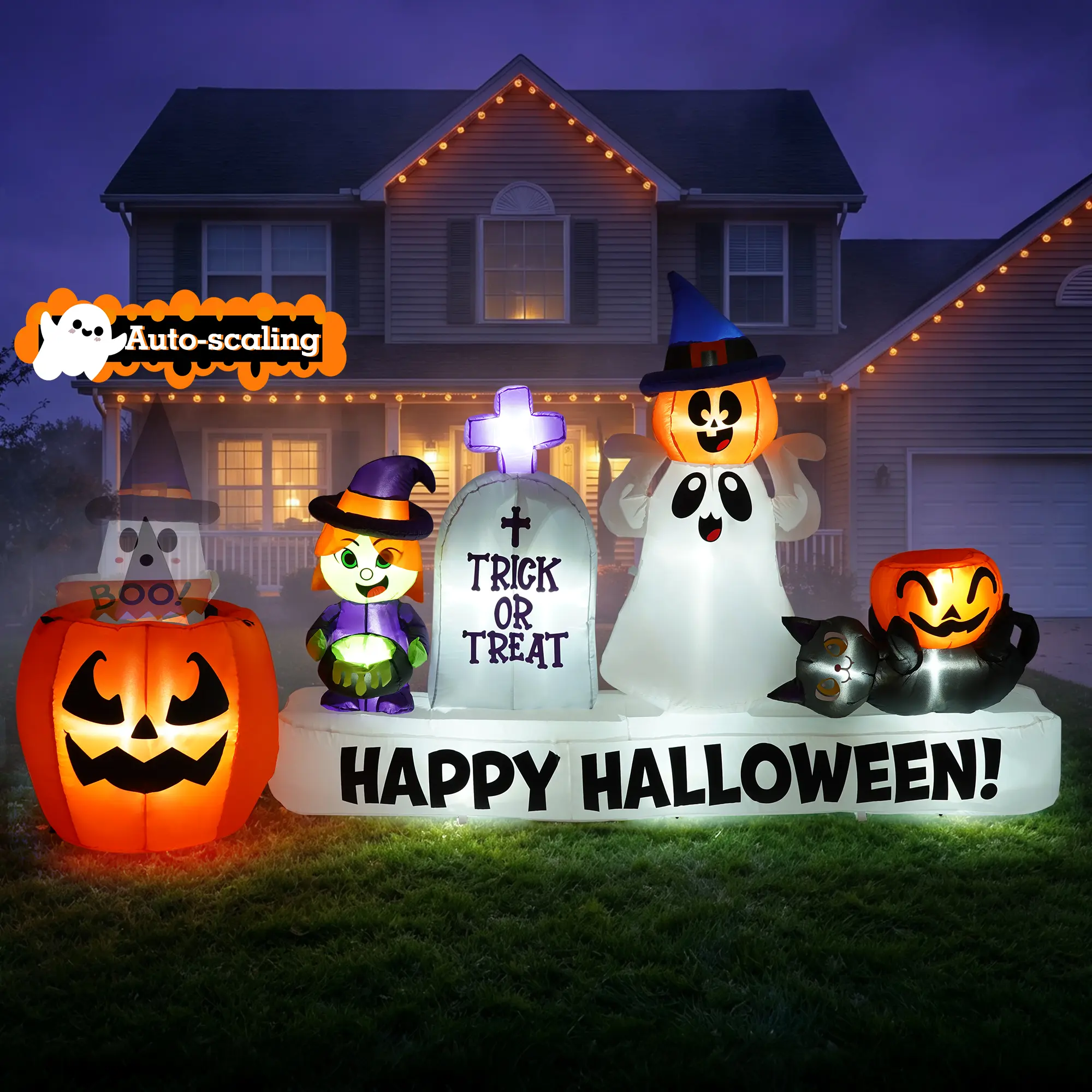 9FT Length Halloween Inflatable Witch & Pumpkin Scene with Auto Pop-Up Ghost, Black Cat & Tombstone Lawn Decor, Self-Serve Candy Bowls, 17 LEDs & 20 FT Cord