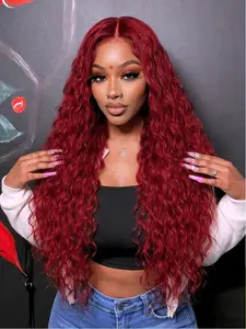Burgundy Red Curly 28" Lace Front Wig Heat Friendly Synthetic Hair 13x4 HD Transparent Lace Free Parting Pre-Plucked Hairline for Women Party & Festival Wear