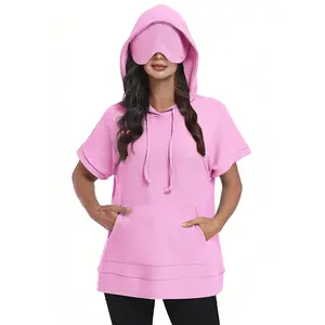 Short Sleeve Hoodie with Built-in Eye Mask – Cozy Nap Hoodie for Women, Lightweight Lounge Hooded Sweatshirt for Travel & Home