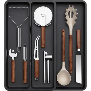 Expandable Adjustable Plastic Utensil Organizer for Kitchen Drawer, Black Silverware Cutlery Flatware Storage Tray Holder Divider for Cooking Spatula Tools, 14.4 x 15.8"