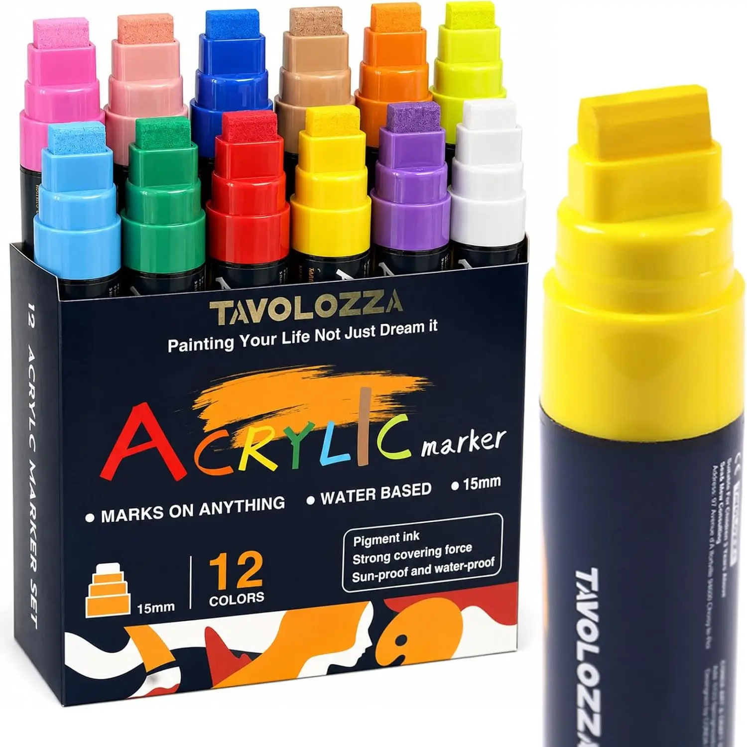 12 Vibrant Colors Jumbo Acrylic Paint Markers, 15MM Graffiti Markers | Paint Pens for Glass Marking, Canvas, Poster Board, DIY Crafts, Window, Wood & Fabric, Thick Jumbo Marker for Artwork