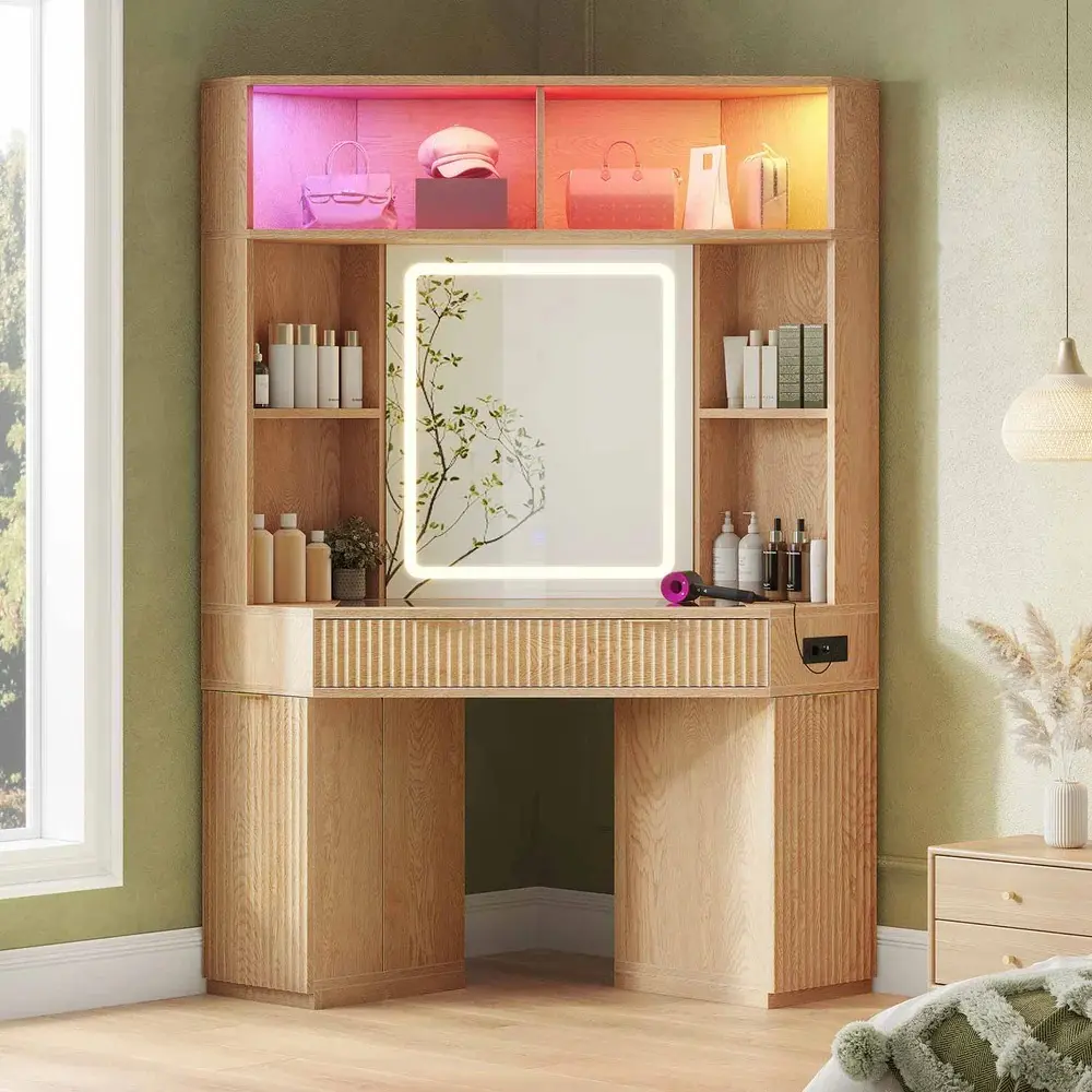 Sikaic 67" Corner Vanity Desk with 6-Tier Huge Storage, Large Makeup Vanity with LED Mirror & Power Hub, Luxury Fluted Glass Display Cabinet for Pillows/Decor, 3 Lighting Modes, Music Sync Summerwins