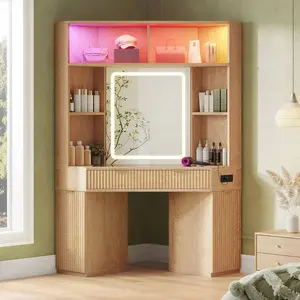 Sikaic Makeup Vanity with Sound Sync LED Lights and Glass Top Luxury Fluted Wooden Corner Vanity Desk with Mirror, Power Outlet, Shelves, Drawers and Cabinets