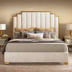 King Size Modern Velvet Bed Frame 65.4" Tall Gold Trim Headboard No Box Spring Needed Beige