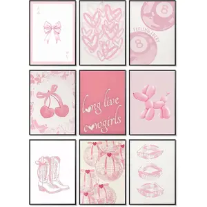 9pcs/set Pink Bows Wall Art Set of 9,Trendy Coquette Preppy Wall Decor Paintings,Disco Ball Girly Aesthetic Room Posters Prints Pictures for Girl Room Bedroom Living Room Home Decor Unframed