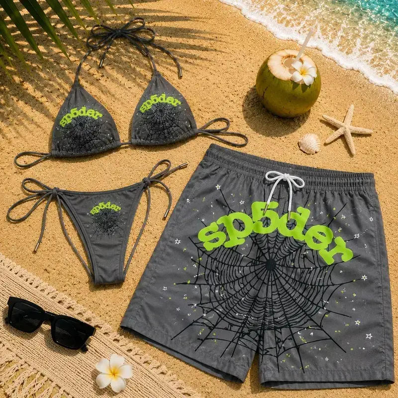 Couples Matching Spider Swimwear Set - Y2K Goth Women's Bikini, Men's Beach Shorts for Vacation, Pool Party for the Beach Party, Honeymoon Gift, Family Vacation Outfit