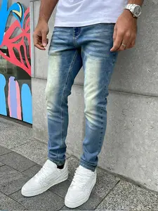 Men's slim-fit jeans with cat whisker grinding and whitening technology, light blue stretch Denim fabric basic style, three-dimensional vintage texture with retro washing, American retro casual long pants