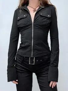 Women's Slim Fit Collared Lapel Long Sleeve Fitted Shirt, Spring & Fall Street Style, Pocket Zipper Casual Basic Top, Versatile Workwear, Lady, Casual Lapel Neck, Casual Fashion Wear