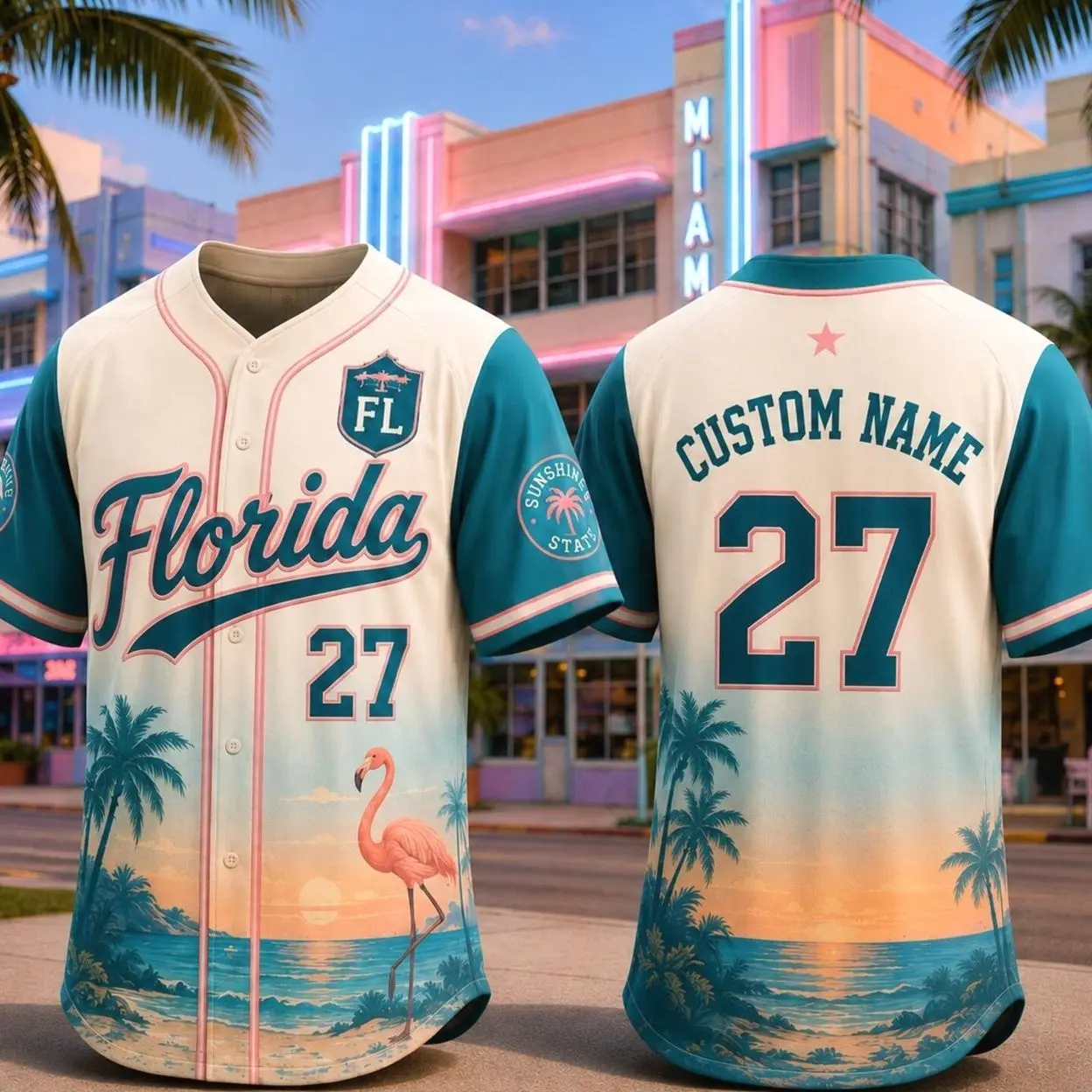 Florida Baseball Jersey, Custom Name Number Sunshine State Shirt, Personalized Flamingo Beach Jersey, Retro Miami Tropical Gift for Men