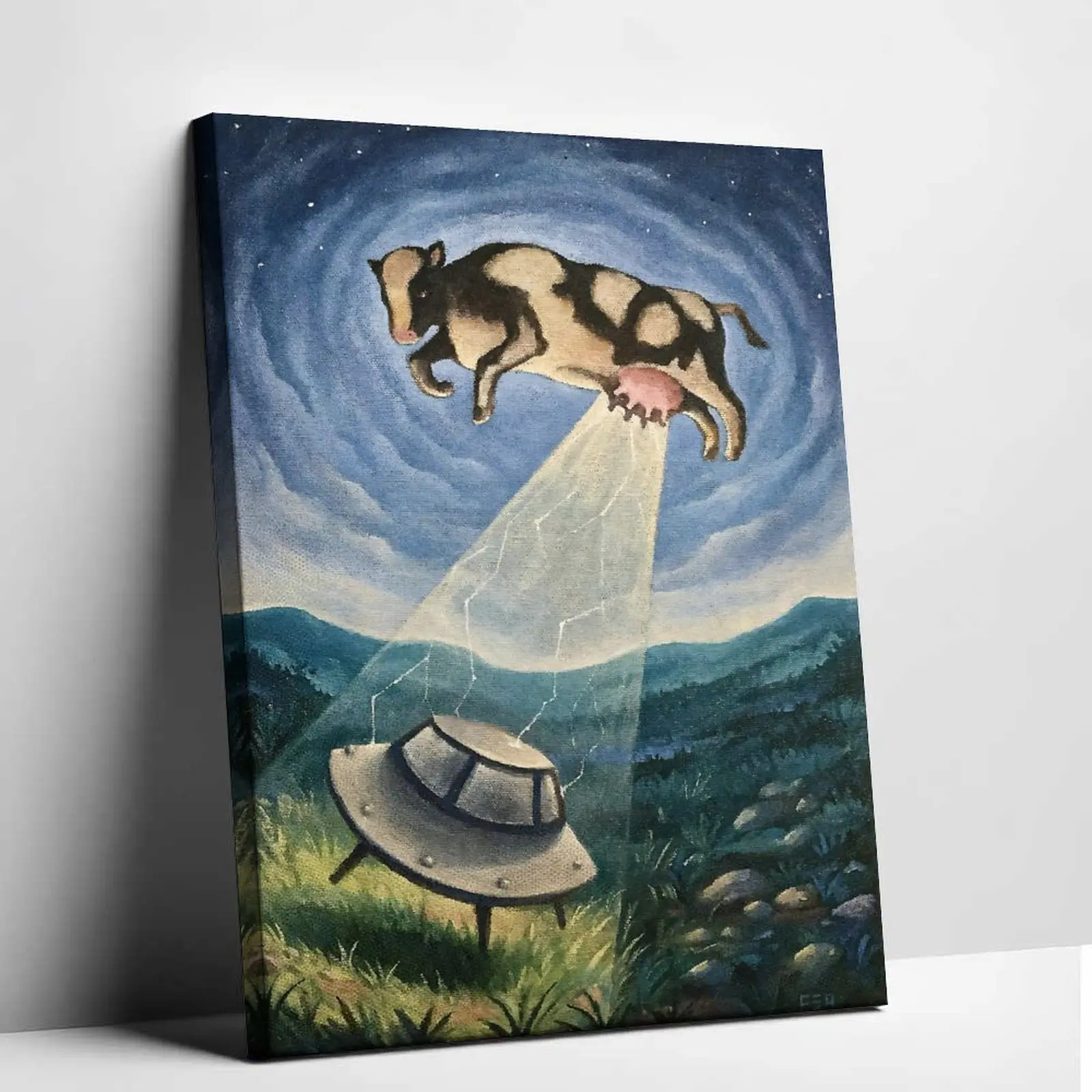 Cow UFO Alien Ship Canvas Wall Art - Vintage Printed Image, Retro Sci-Fi Poster, Weirdcore Quirky Decor, Bedroom Decor Ideas, Housewarming Birthday Gift for Home, Oddities Home Decor
