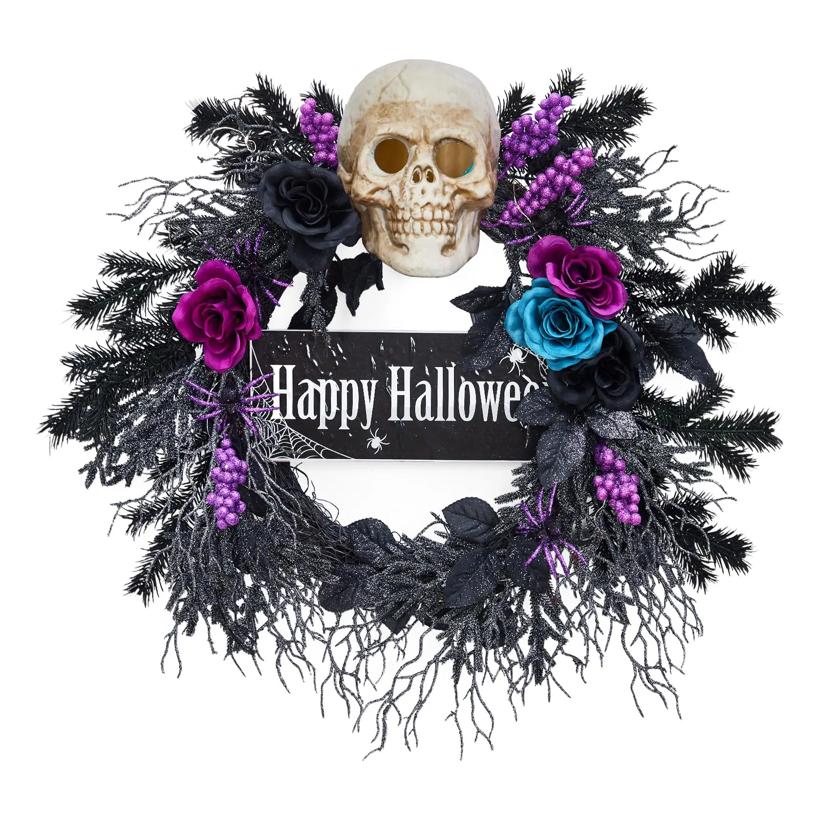GARVEE 22'' Halloween Wreath for Front Door, Halloween Skull Wreath with Lights, Spooky Halloween Wreaths with Black, Blue, Purple Flowers, Indoor/Covered Outdoor Halloween Props Decoration