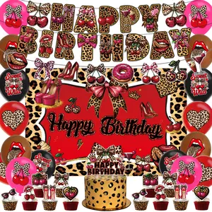 32-Piece Leopard Print Cherry Theme Party Decoration Set, Includes Banner, Balloons, Cake Topper, Backdrop, Perfect for Women's Birthday