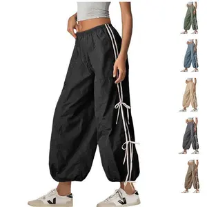 Women's parachute style elastic high waisted fully twisted hiking work pants with adjustable cuffs, women's casual bottomsRAIMENTRY