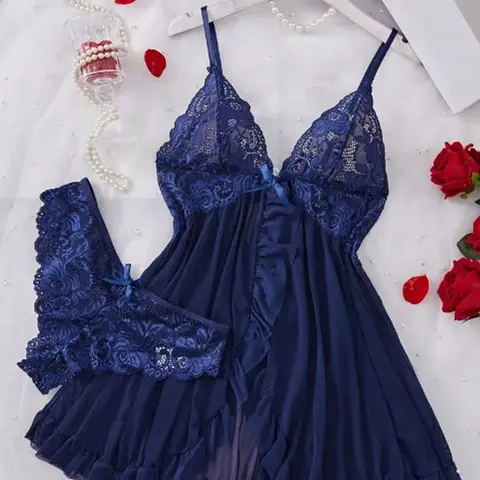 Women's Blue Lace Halter Racerback No-Round Nightgown Set - Sleeveless Fitted Net Fabric Nightdresses, Chic Comfortable Women's Sleepwear & Home Loungewear