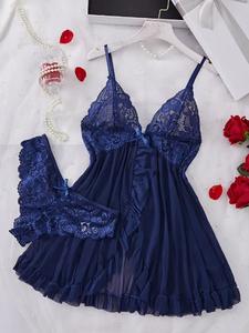 Women's Lace Sexy Halter Nightdress Set Sleepwear Nightgown Made of Net Fabric, Strap Nightgown, Suitable for Home Loungewear Womenswear Comfort Homewear Basic Blue Fitted Minimalist Sleeveless night gown women