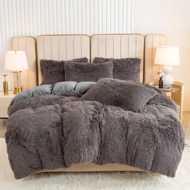 Solid Color Fuzzy Duvet Cover Set, 3 Counts/set Including 1 Duvet Cover & 2 Pillowcases, Soft Comfortable Bedding Set for Home Bedroom, Furry Bedding,