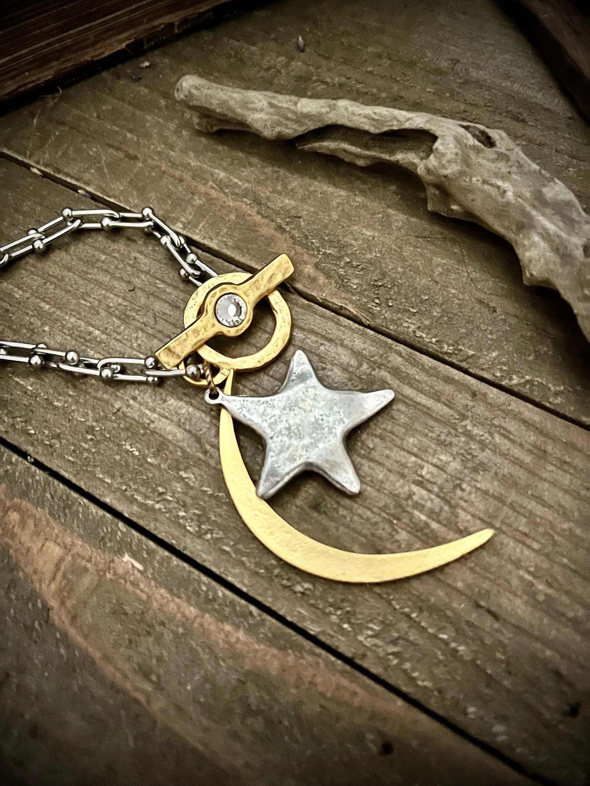 Chunky Mixed Metal Short Crescent Moon and Star Necklace
