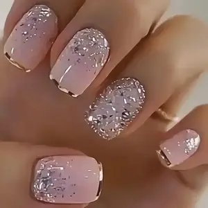 24pcs French Style Short Square Press- Nails with Jelly Glue & File - Nude & Short False Nails, Medium Length Extended Wearable Nails Suitable for Hands/Feet - Removable Salon Nails for Daily//Events