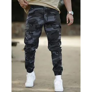 Men's Casual Camo Cargo Pants, 100% Polyester Non-Stretch Woven Fabric, Regular Fit with Drawstring Waist and Flap Pockets, Outdoor Work Trousers