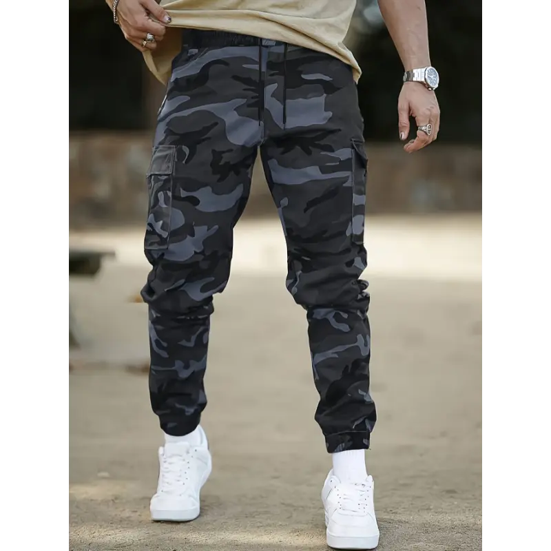 Men's Casual Camo Cropped Cargo Trousers - Polyester Menswear Clothes with Multiple Pockets for Outdoor Hiking, Camping