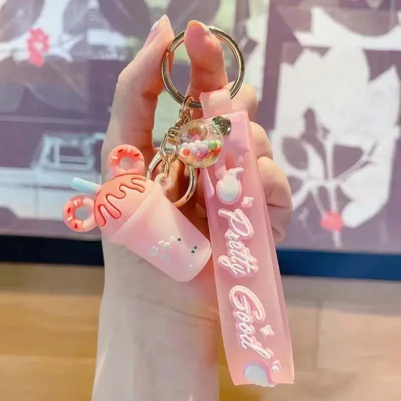 Donut Milk Bubble Boba Tea Cup Kawaii Cutie Key Pendant Keychain Handbag Charm Gift Fashion Accessories