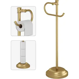 Free Standing Bathroom Toilet Paper Holder, Floor Toilet Tissue Roll Stand with Storage Rack & Hand Towel Bar, Brushed Gold Stainless Steel Bathroom Hardware Accessories