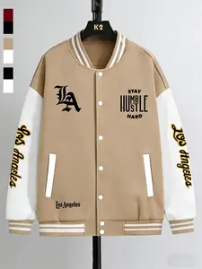 Unisex La Baseball Uniform Jacket, High Street Campus Style, Geometric Print, Loose-Fitting Long Sleeve, All Seasons Wear