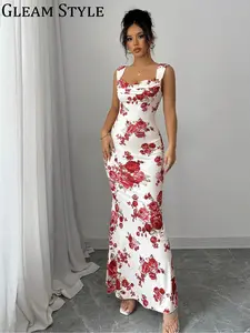 Women's Floral Print Dress, Low Neckline Sleeveless Design, Casual Slim-Fitting Chic Knit Fashion Garment for Daily Wear & Stylish Womenswear