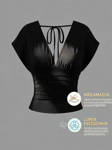 Black Deep V Tie-Back Crop TopRuched Waist Batwing SleeveWrinkle-Free BreathableY2K Coquette StyleWomen’s Daily Party Outfit Top