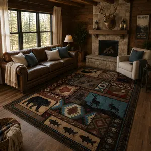 YIHOUSE Machine Washable Large Rustic Lodge Style carpet , Vintage Western Living Room Decor Rug, Suitable for Living Room, Bedroom, Dining Room, Non‑Slip, Stain‑Resistant & Soft, Ideal for Country Cabin Homes Cozy Area Rug Cottage Area Rug Low Pile Rugs