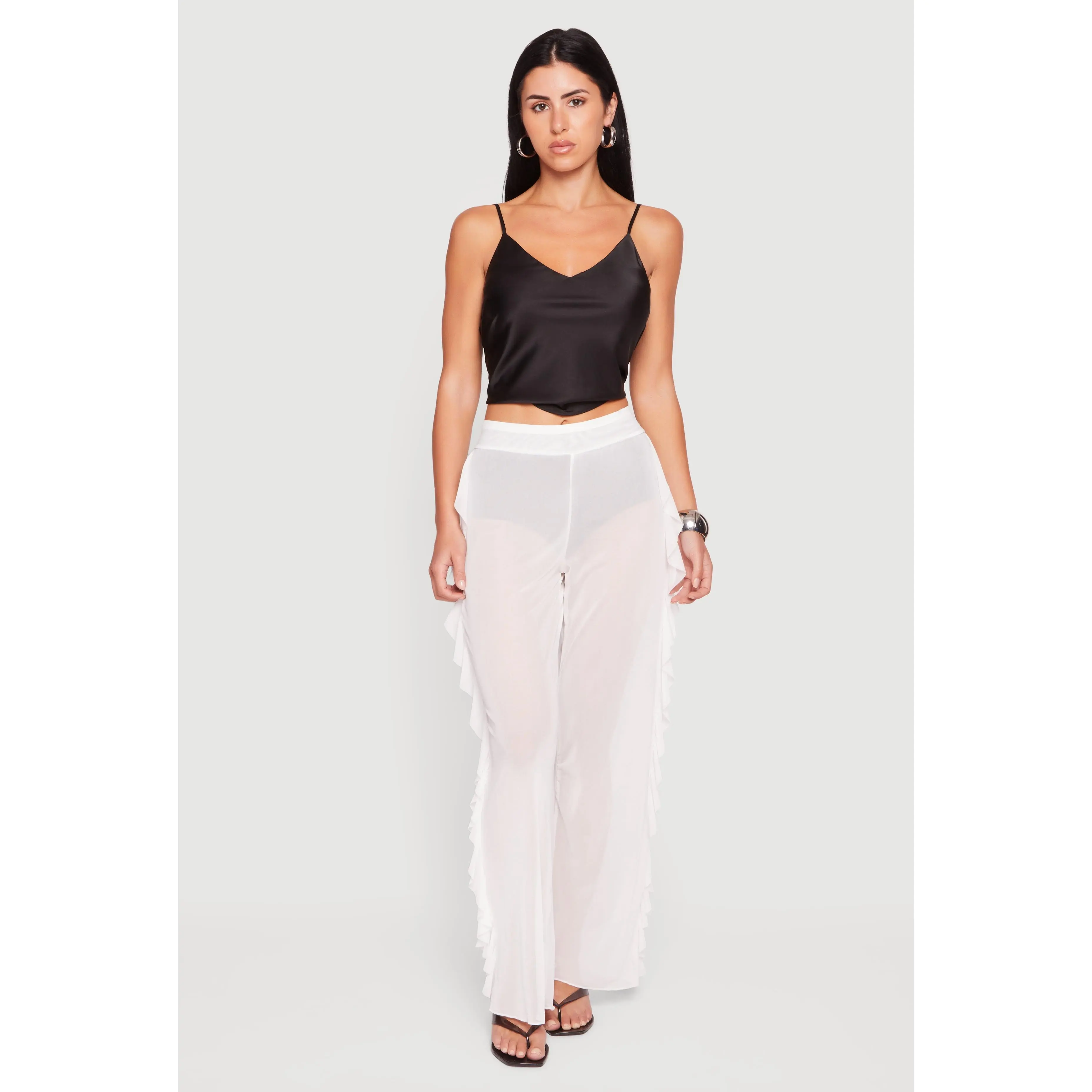 High Waisted Sheer Mesh Wide Leg Pants with Ruffles